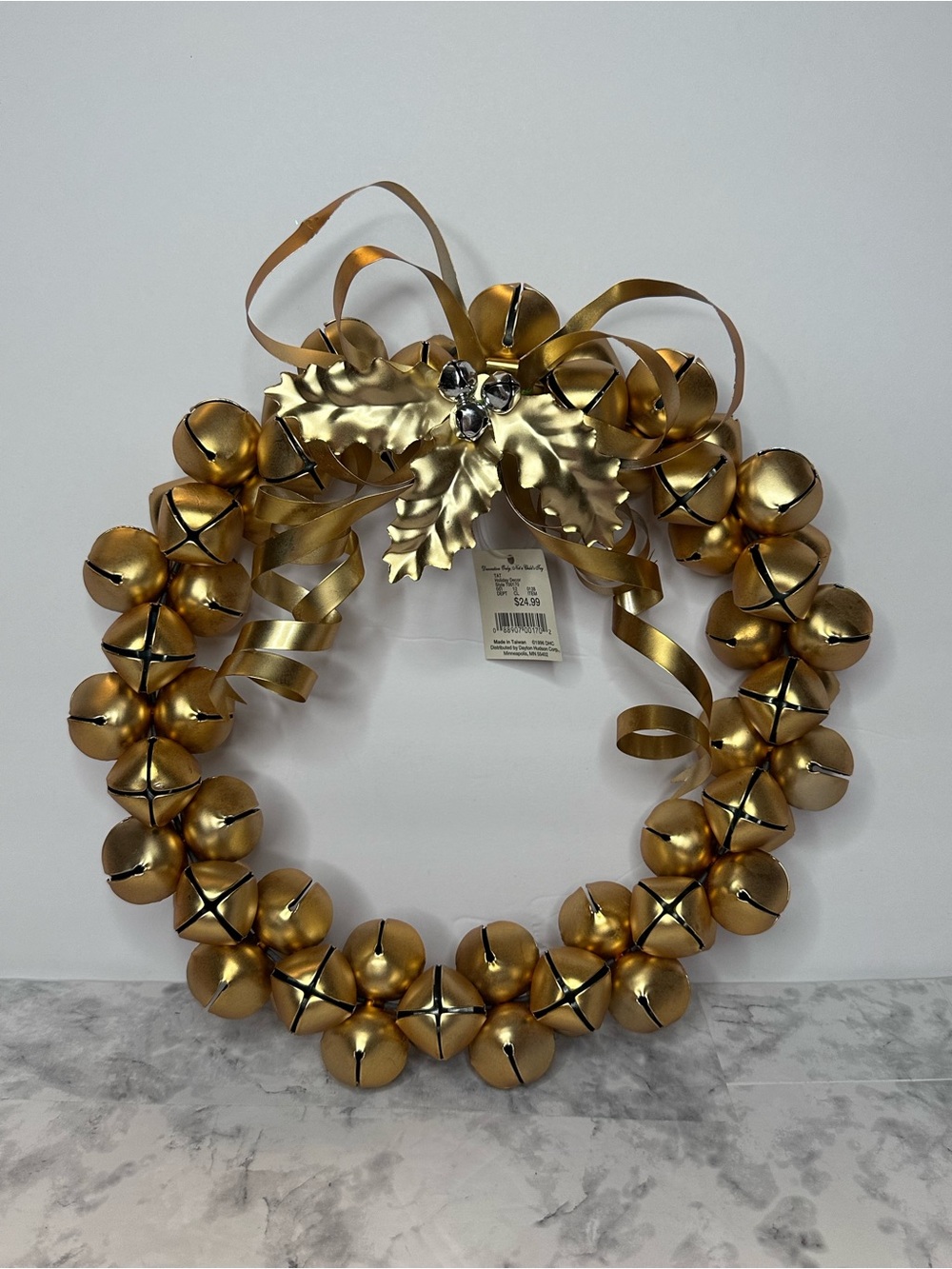 Festive Gold Jingle Bell Wreath with Bow